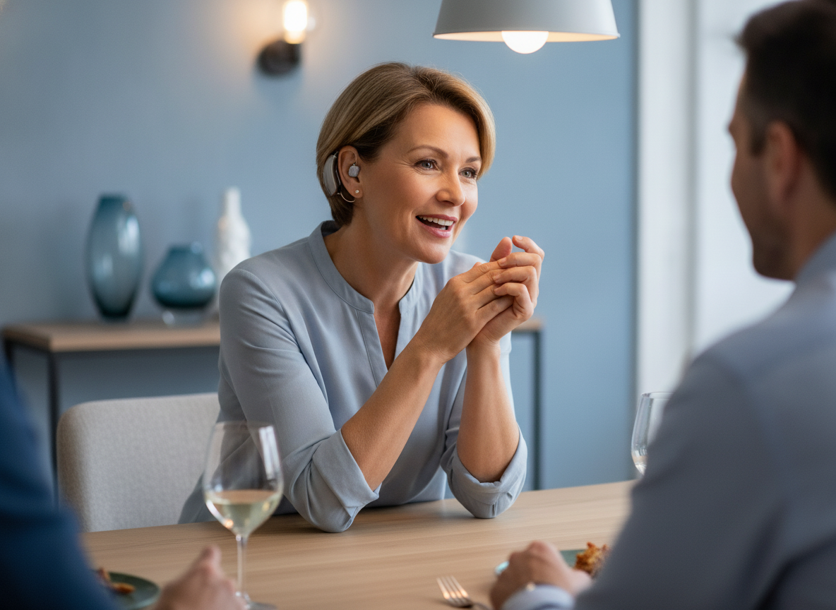 A woman in her late 50s, wearing a subtle Hearing Vista Digital Hearing Aid, smiling and talking at a lively family dinner. T