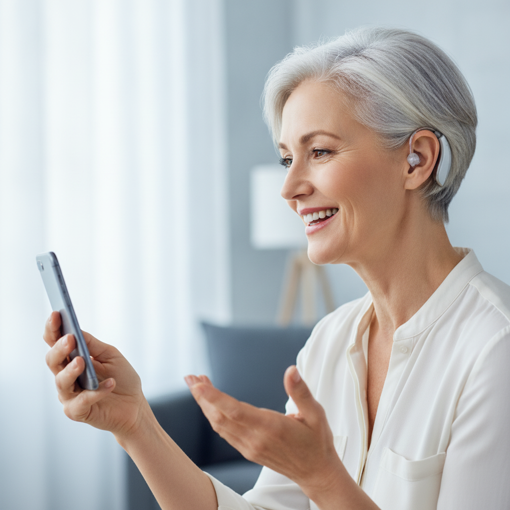 Woman in her late 50s discreetly wearing a nearly invisible Hearing Vista Digital Hearing Aid while on a video call, smiling 