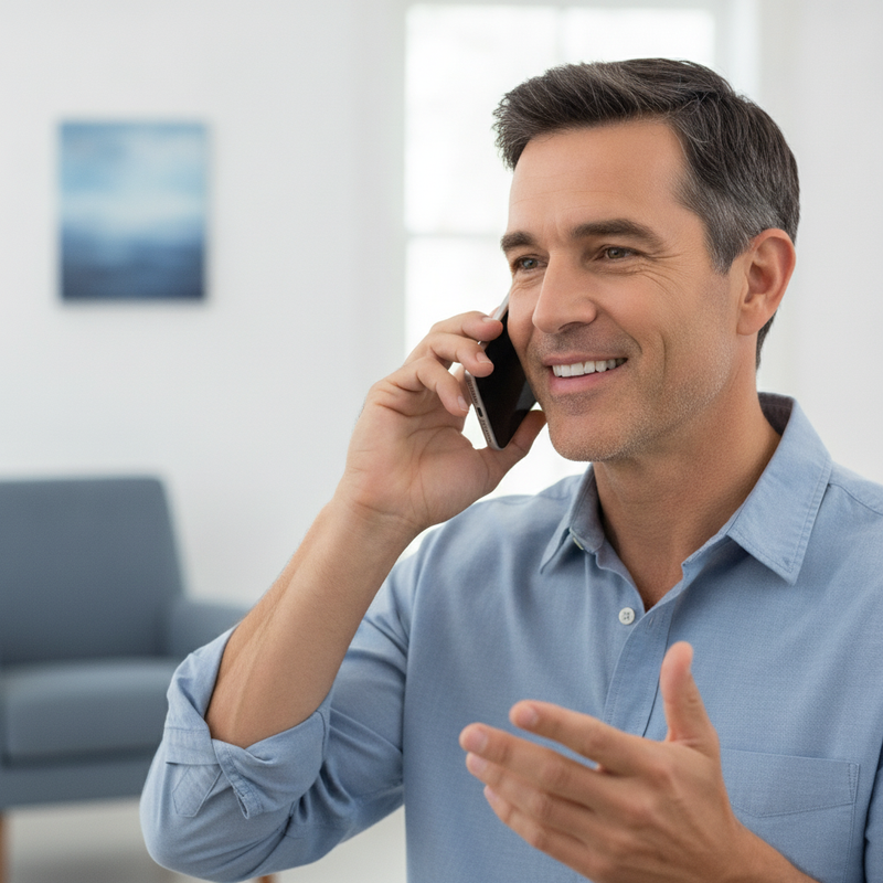 A man in his 50s smiles while making a phone call with a discreet Hearing Vista Digital Hearing Aid visible behind his ear.