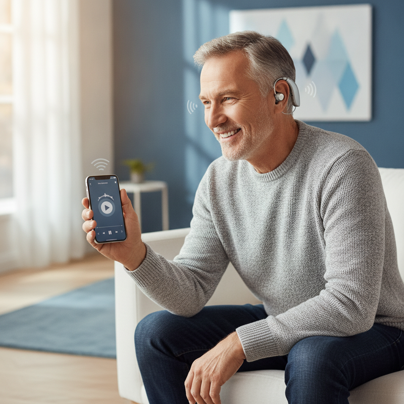 A smiling North American man in his 60s wears a Hearing Vista digital hearing aid while listening to music on his smartphone 
